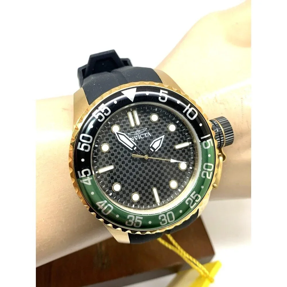 Invicta Men's Watch 35661 Pro Diver Quartz Gold Black Green Bezel Rubber Band